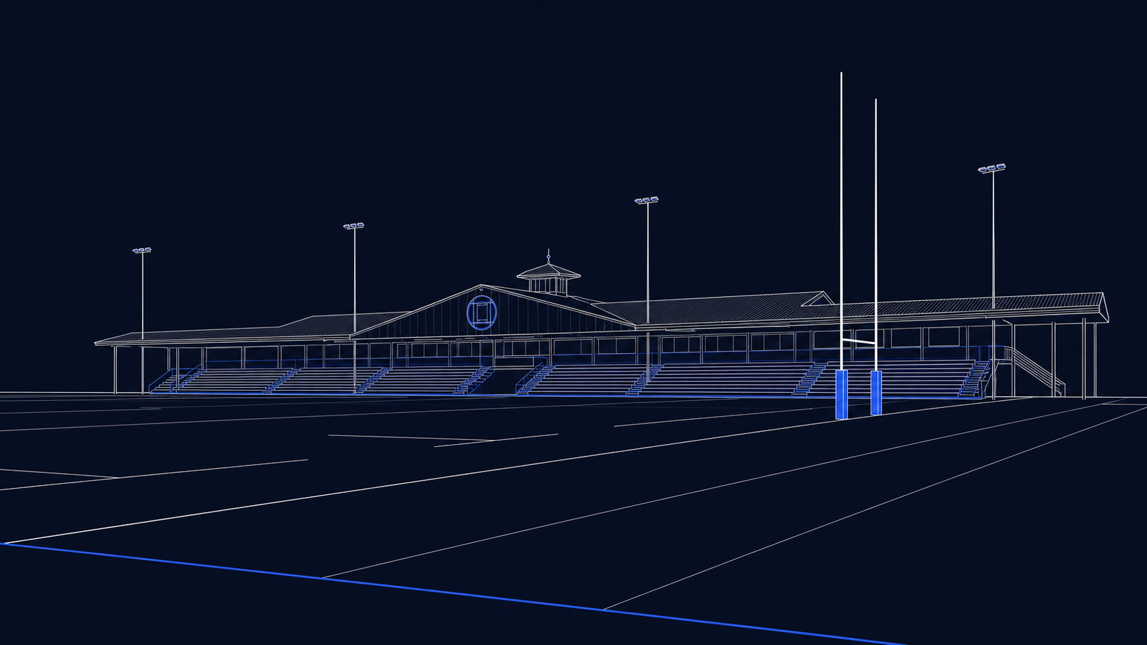 Architecturale lijnillustratie van het NRCA-stadion en het hoofdveld