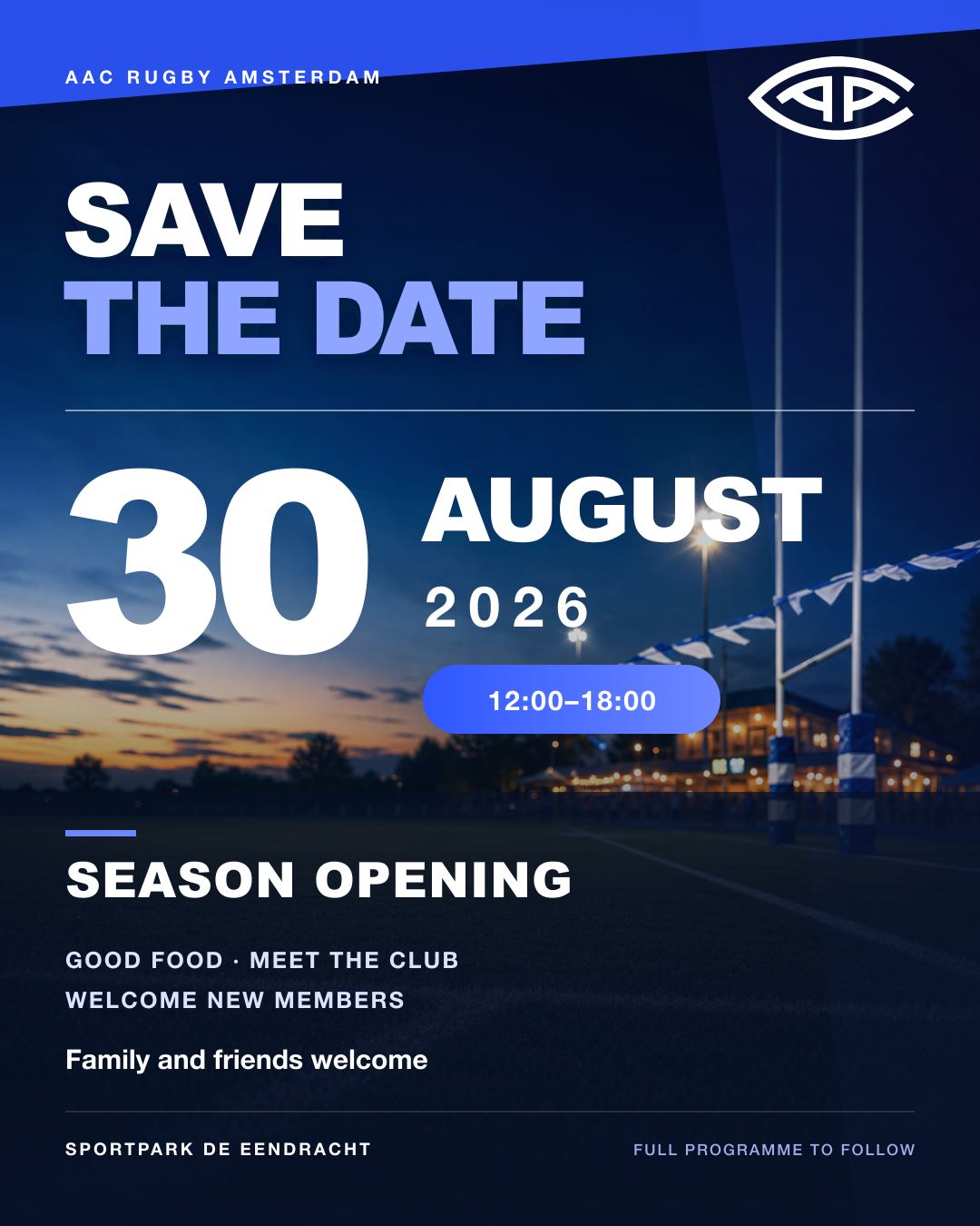 Flyer voor de seizoensopening van AAC Rugby Amsterdam op 30 augustus 2026